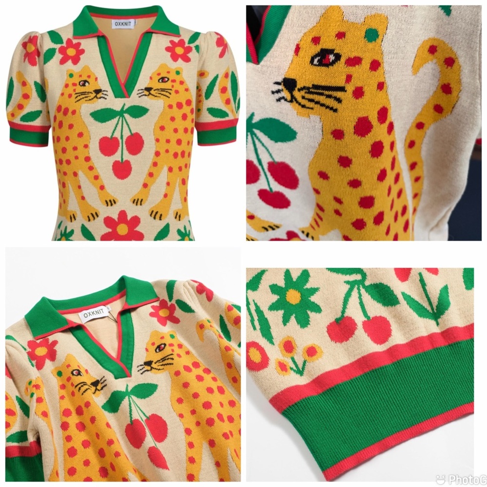 Vibrant Leopard Print Sweater with Cherry Design